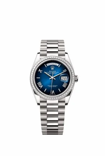 Rolex Day-Date 36 White Gold - Baguette / Blue Ombré - Roman / President 128399TBR-0021 (m128399tbr-0021)